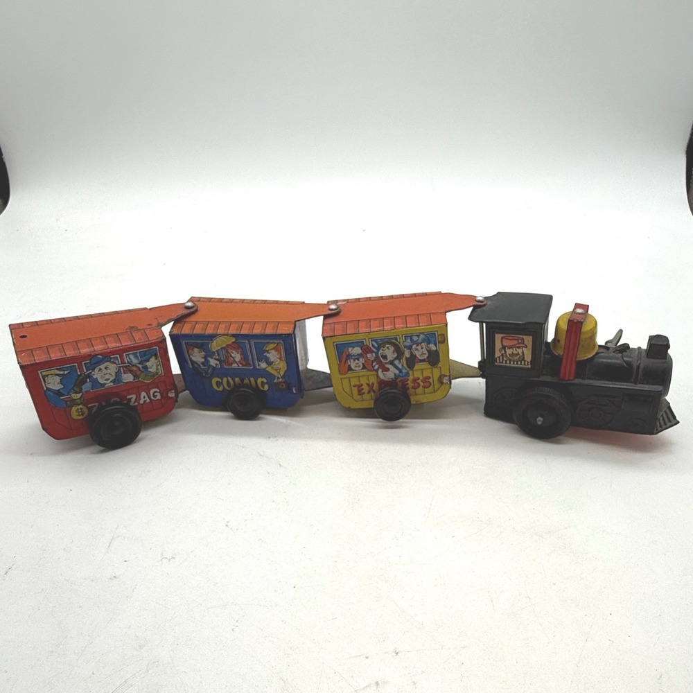 Vintage Wind Up Tin‎ Litho Comic Western Zig Zag Train Toy Set Locomotive Cars
